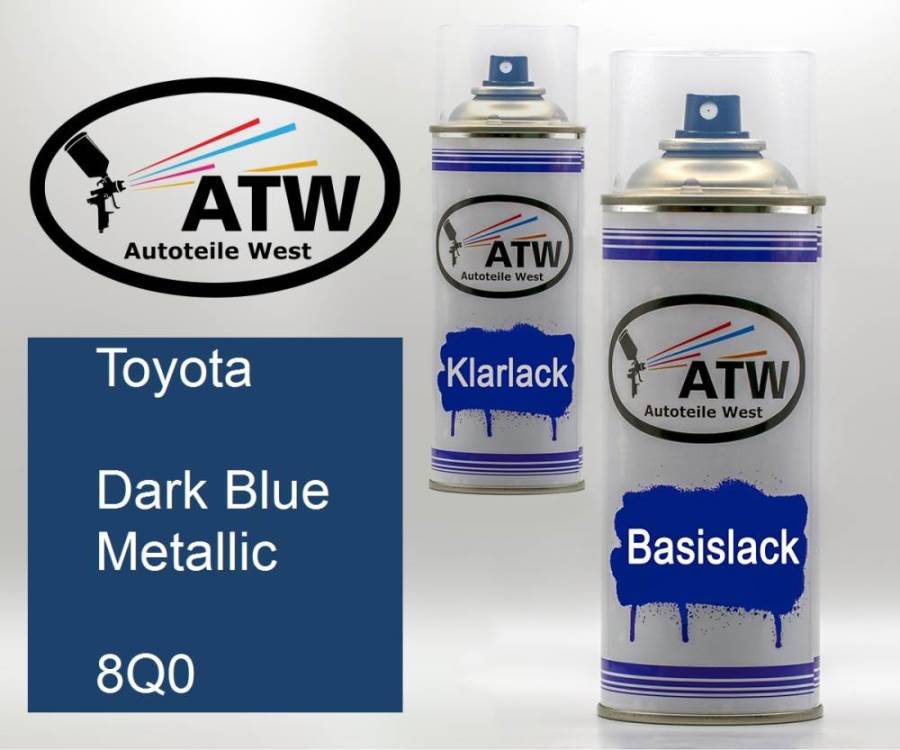 Toyota, Dark Blue Metallic, 8Q0: 400ml Sprühdose + 400ml Klarlack - Set, von ATW Autoteile West.